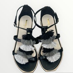 Jeannot Made in Italy Black Leather Tasseled Ankle Strap Flat Sandals Sz 36/6